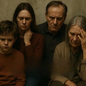 cuatro personas que parecen ser una familia, posando juntas con expresiones de profunda tristeza y angustia