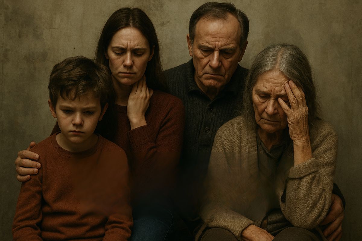 cuatro personas que parecen ser una familia, posando juntas con expresiones de profunda tristeza y angustia